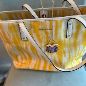 Michael Kors Yellow Tie-Dye Tote Bag with White Trim & Necklace